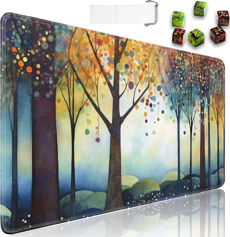 JVGFYNKL for MTG Playmat + Drawstring Travel Pouch + 6 Dice Counter, for Tabletop Trading Card Game Playmats or Large Mouse Pad, Anti-Slip Rubber 24 x 14 in, Color Forest for TCG Playmat - Image 1